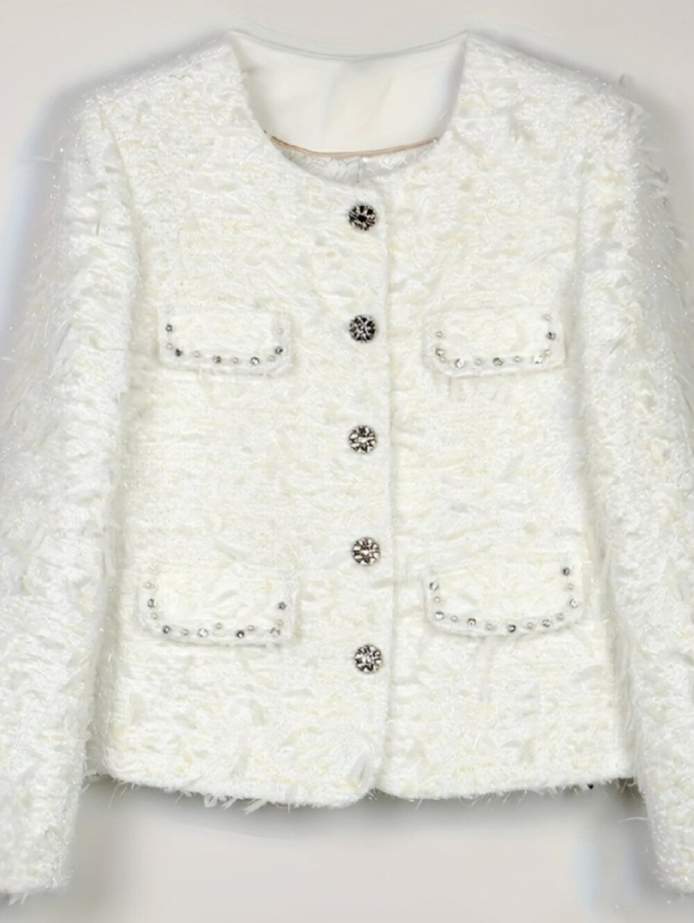 Source Unknown Cream Textured Tweed Jacket with Crystal Buttons